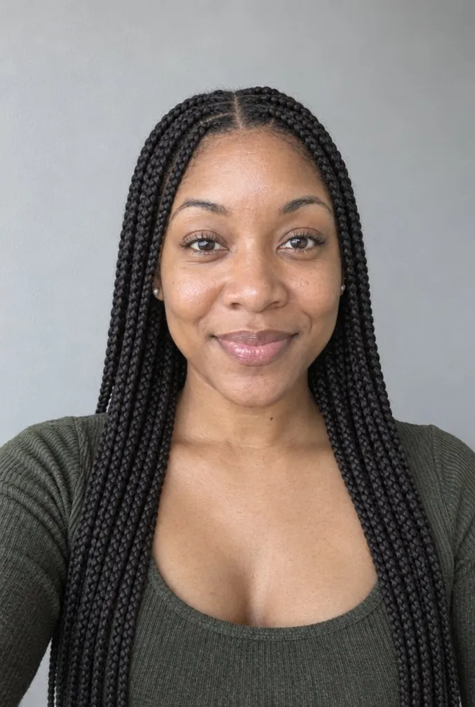 The same woman shown with long classic box braids