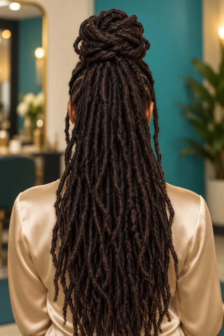 Faux Locs with Bun, back