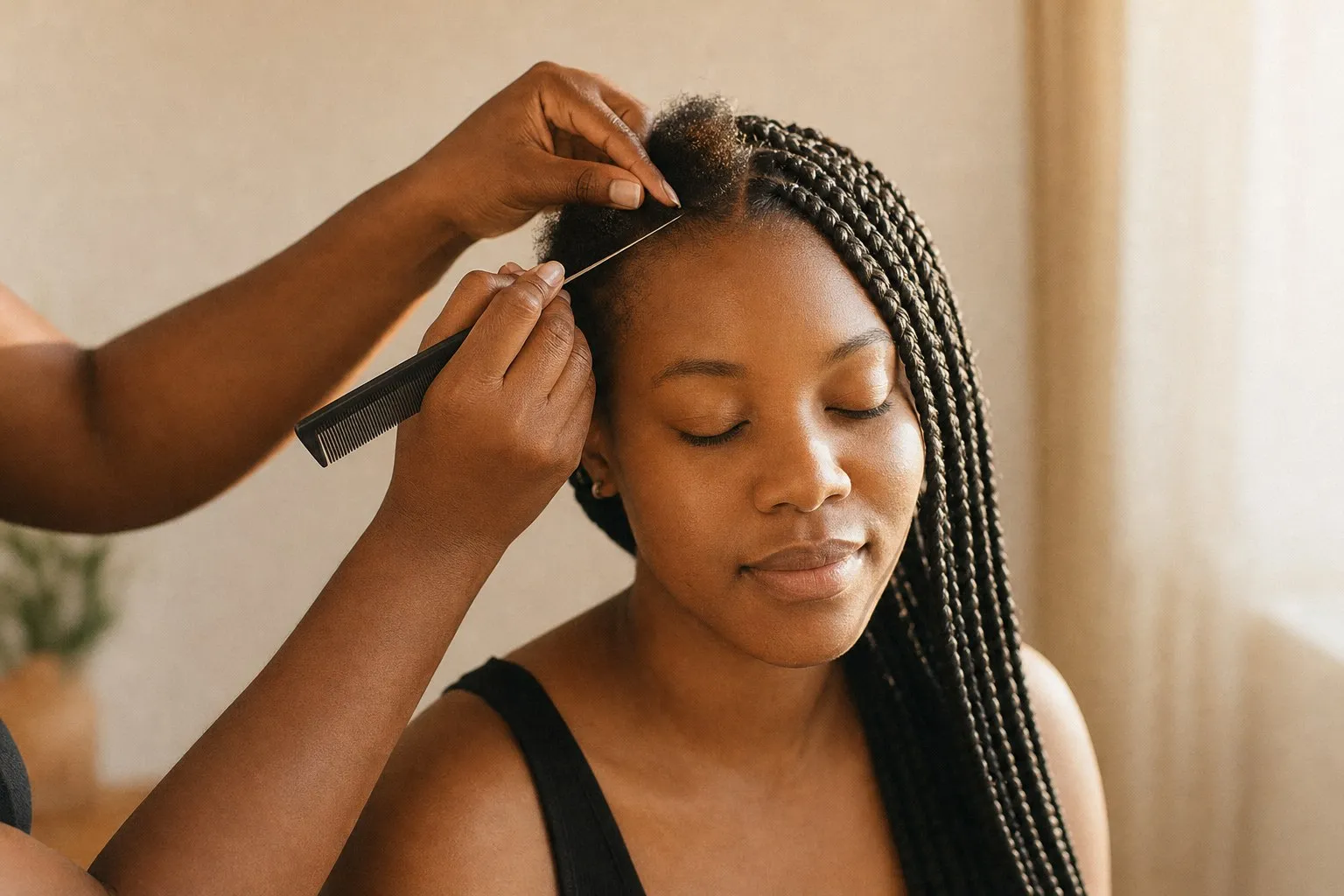 A braider parting the hairline of a client with long box braids
