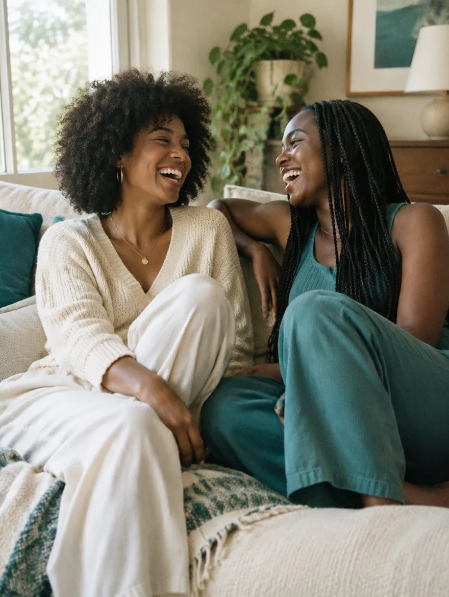 Two friends laughing together on a sofa