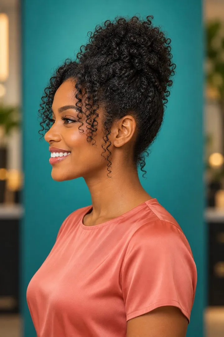 Bun with Twist-Out Curtain Bangs, side