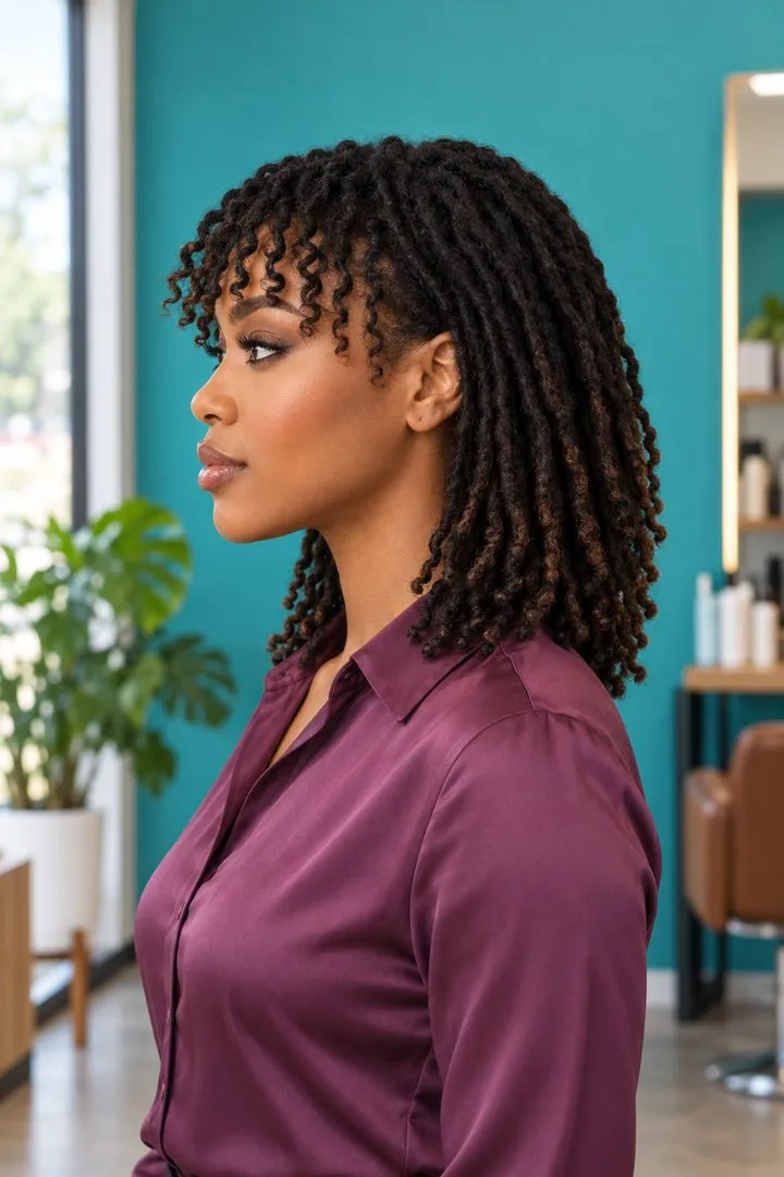 Locs with Curly Bangs, side