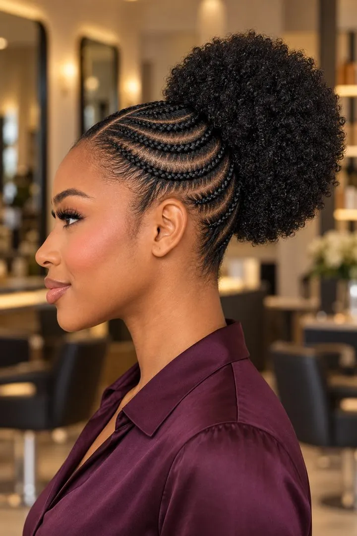 Arc Cornrows to Afro Puff, side