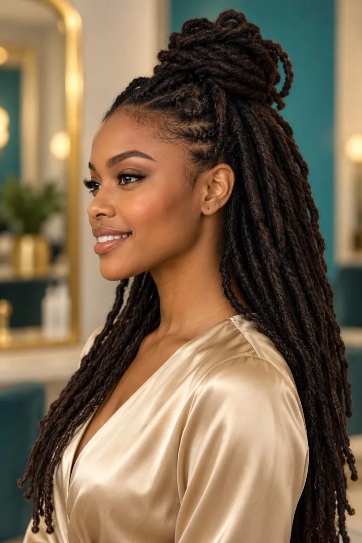 Faux Locs with Bun, side